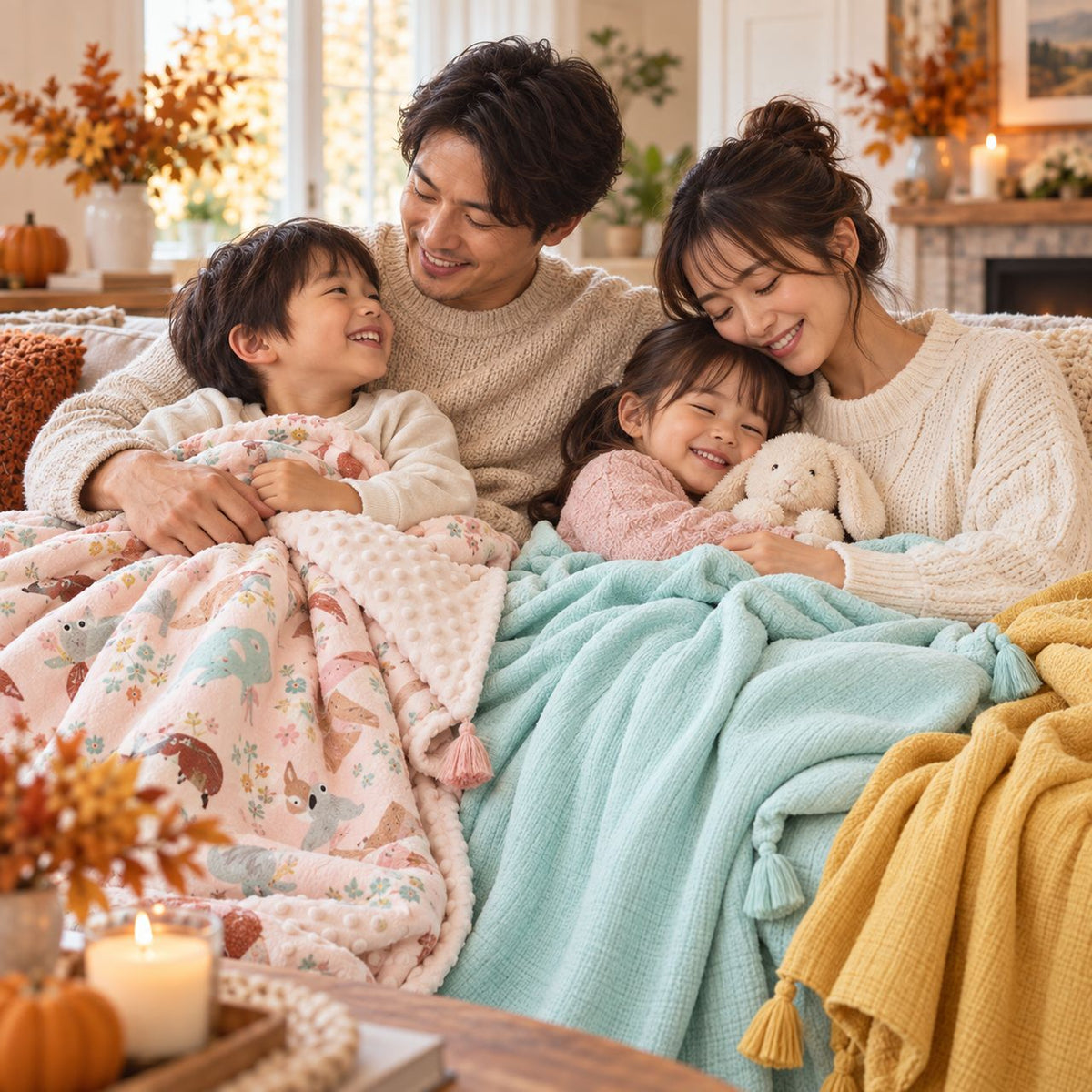 ピンク、ミント、黄色のブランケットを使いソファでくつろぐ家族